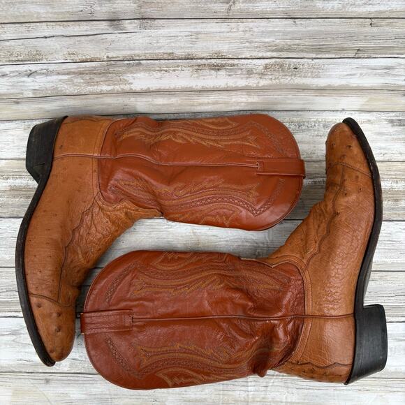 Dan Post Exotic Cowboy Boots Sz 12 D Brown Cognac Leather Quill Ostrich Western - Picture 10 of 17